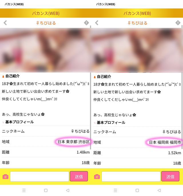 バカンス(アプリ・LINE)にて東京と福岡の両方に現れたサクラの「ちびはる」の両プロフィール