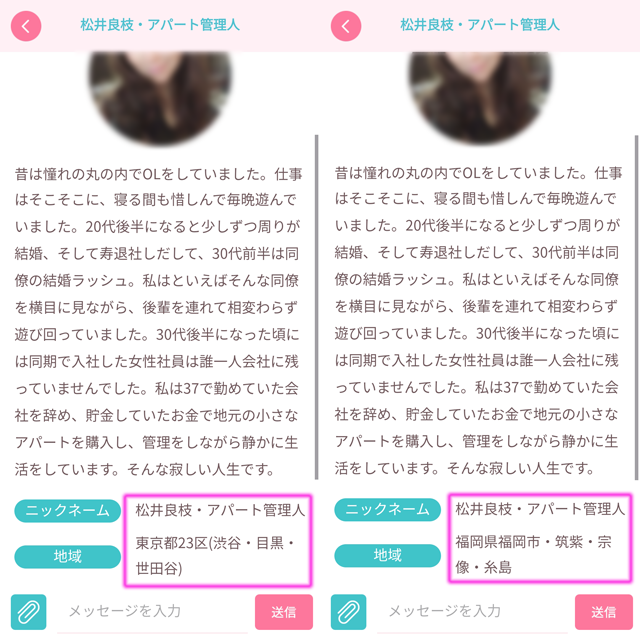ネセサリー（Necessary）アプリにて他県にも同時にいたサクラの疑いがある「松井良枝・アパート管理人」のプロフィール